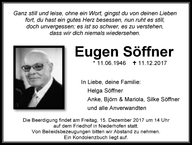  Traueranzeige für Eugen Söffner vom 13.12.2017 aus 