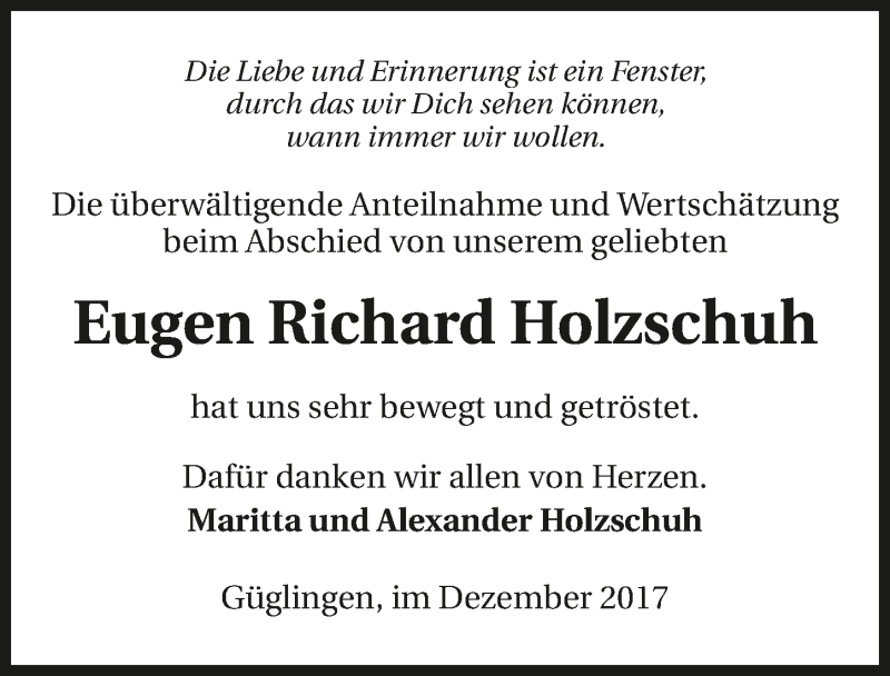  Traueranzeige für Eugen Richard Holzschuh vom 09.12.2017 aus 