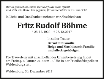 Traueranzeige von Fritz Rudolf Böhme 