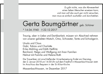 Traueranzeige von Gerta Baumgärtner 
