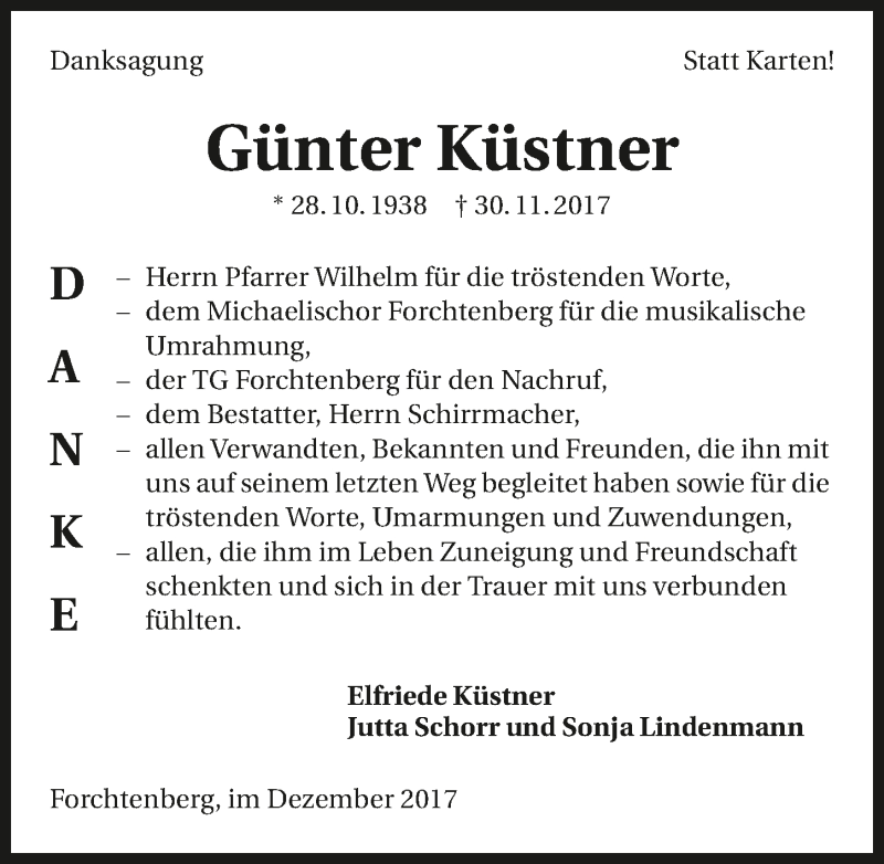  Traueranzeige für Günter Küstner vom 23.12.2017 aus 