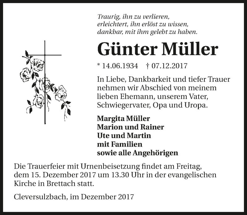  Traueranzeige für Günter Müller vom 13.12.2017 aus 