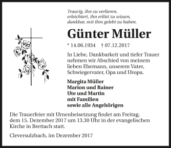 Traueranzeige von Günter Müller
