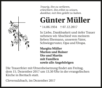 Traueranzeige von Günter Müller 