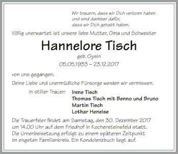 Traueranzeige von Hannelore Tisch 