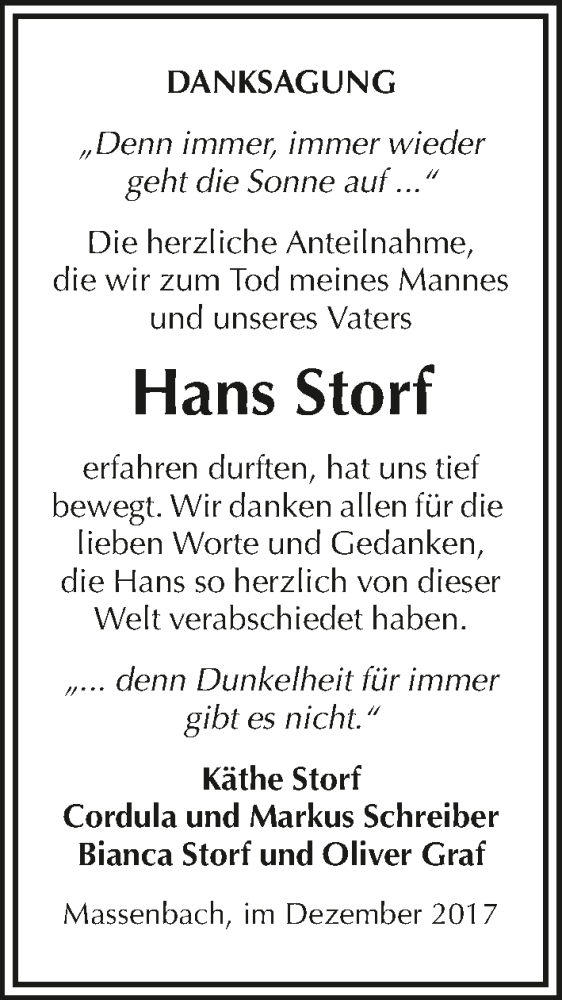  Traueranzeige für Hans Storf vom 16.12.2017 aus 
