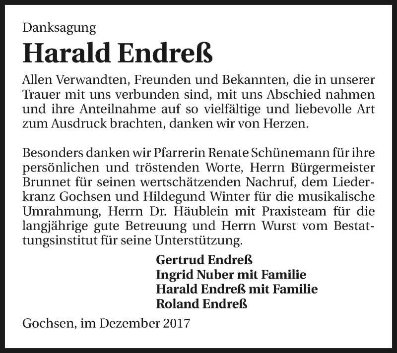  Traueranzeige für Harald Endreß vom 16.12.2017 aus 