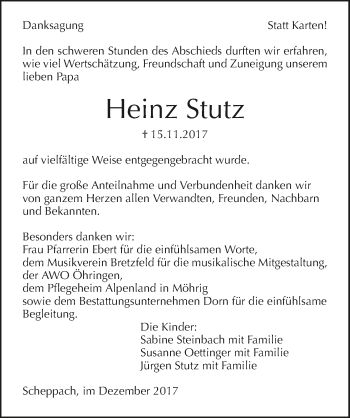 Traueranzeige von Heinz Stutz 