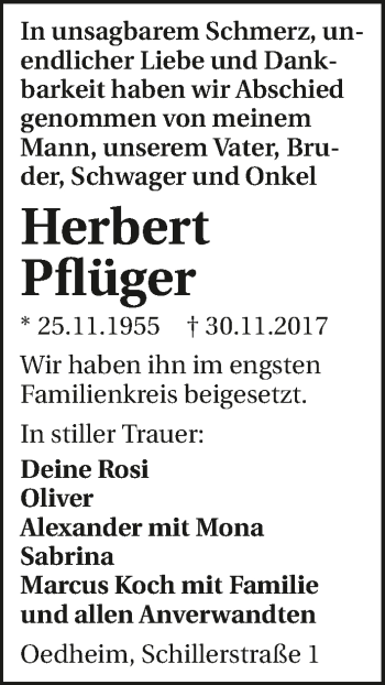 Traueranzeige von Herbert Pflüger 