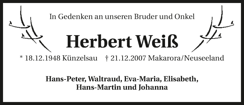  Traueranzeige für Herbert Weiß vom 21.12.2017 aus 