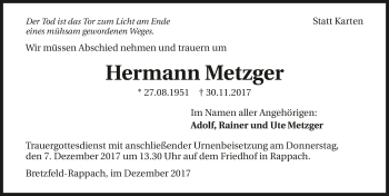 Traueranzeige von Hermann Metzger 