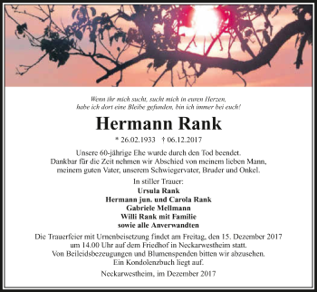 Traueranzeige von Hermann Rank 