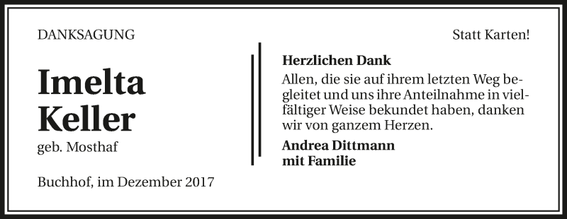  Traueranzeige für Imelta Keller vom 05.12.2017 aus 