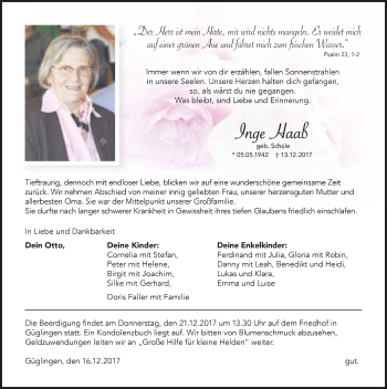 Traueranzeige von Inge Haaß 