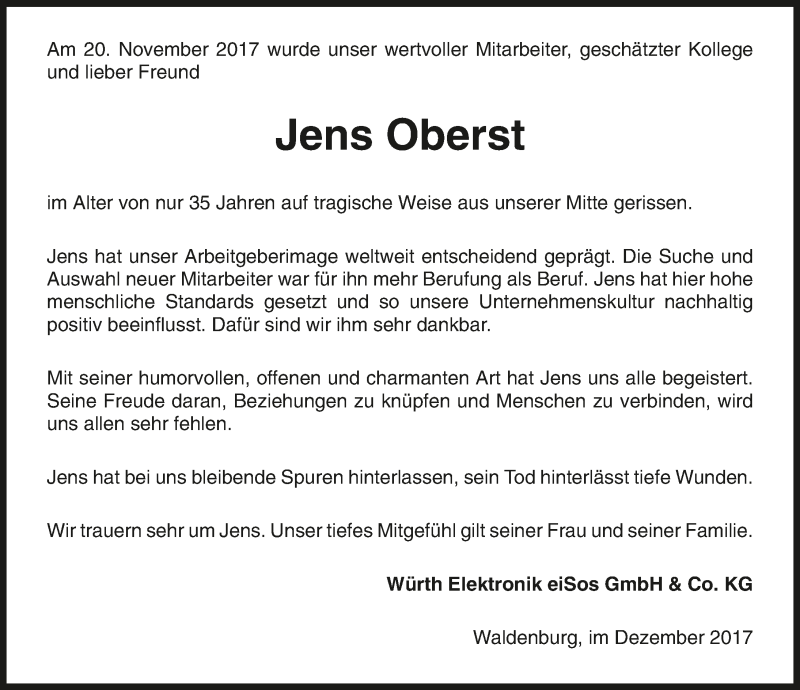  Traueranzeige für Jens Oberst vom 02.12.2017 aus 