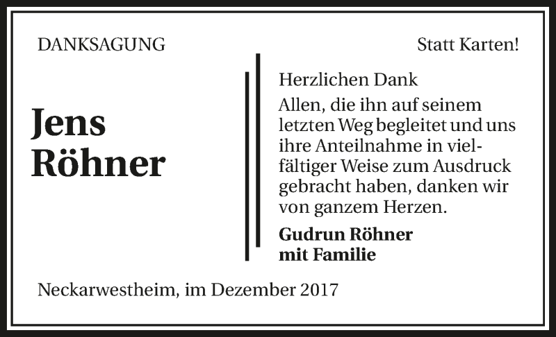 Traueranzeige für Jens Röhner vom 15.12.2017 aus 