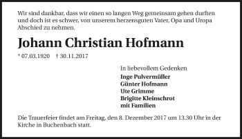 Traueranzeige von Johann Christian Hofmann 
