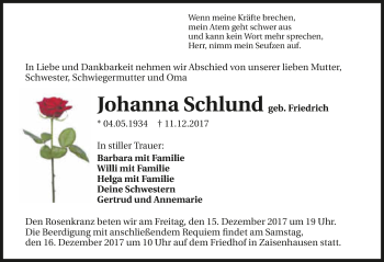 Traueranzeige von Johanna Schlund 