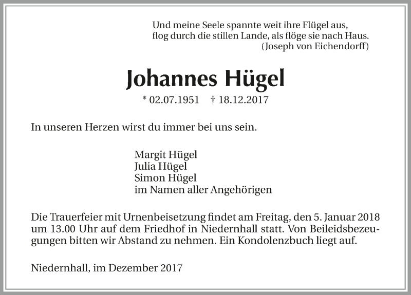 Traueranzeige für Johannes Hügel vom 28.12.2017 aus 