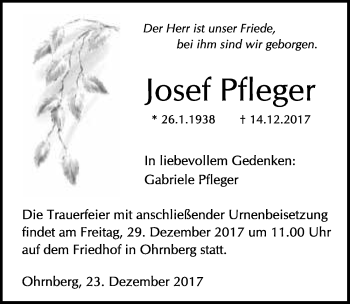 Traueranzeige von Josef Pfleger 
