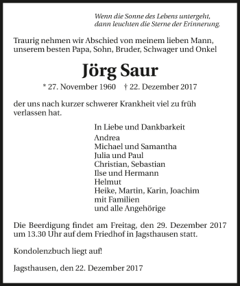 Traueranzeige von Jörg Saur 
