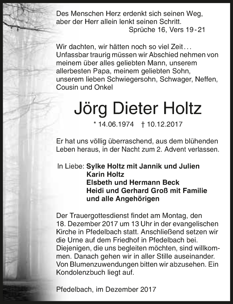  Traueranzeige für Jörg Dieter Holtz vom 14.12.2017 aus 