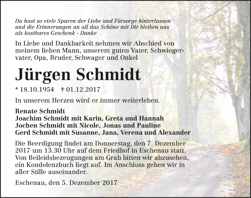  Traueranzeige für Jürgen Schmidt vom 05.12.2017 aus 
