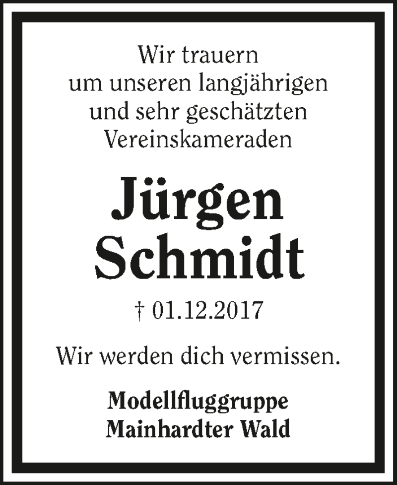 Traueranzeige für Jürgen Schmidt vom 07.12.2017 aus 
