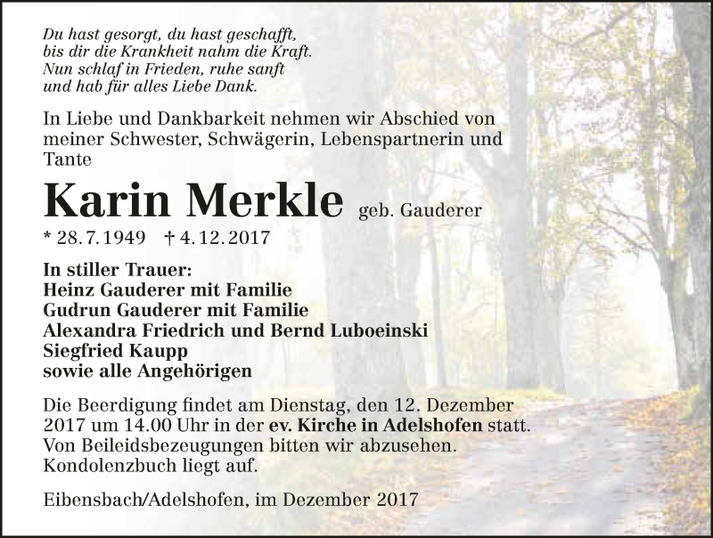  Traueranzeige für Karin Merkle vom 09.12.2017 aus 
