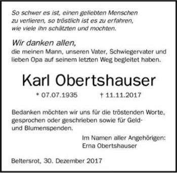 Traueranzeige von Karl Obertshauser 