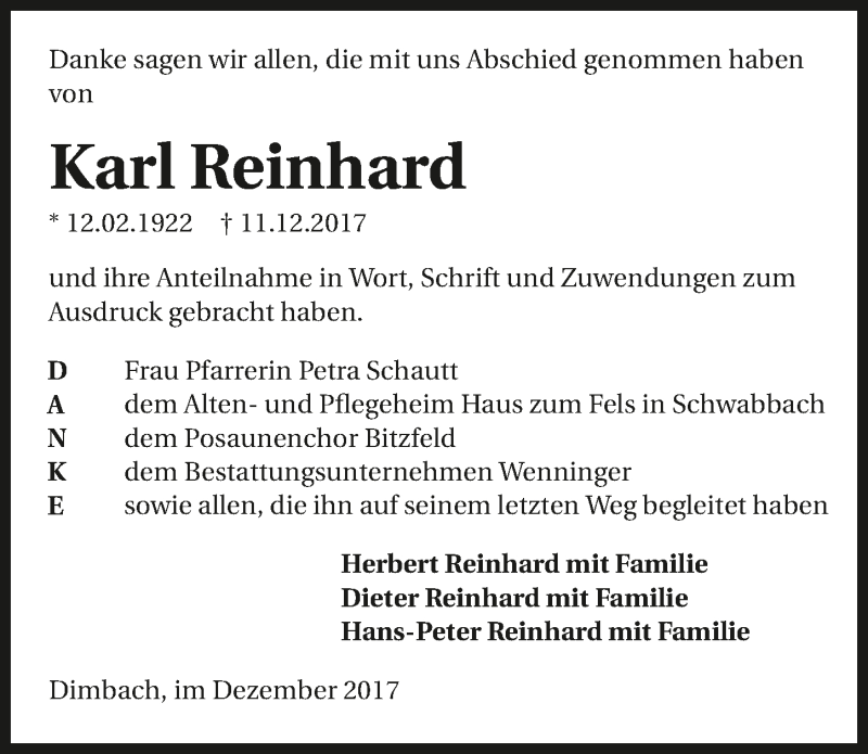  Traueranzeige für Karl Reinhard vom 29.12.2017 aus 