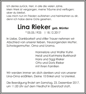 Traueranzeige von Lina Rieker 