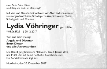 Traueranzeige von Lydia Vöhringer 
