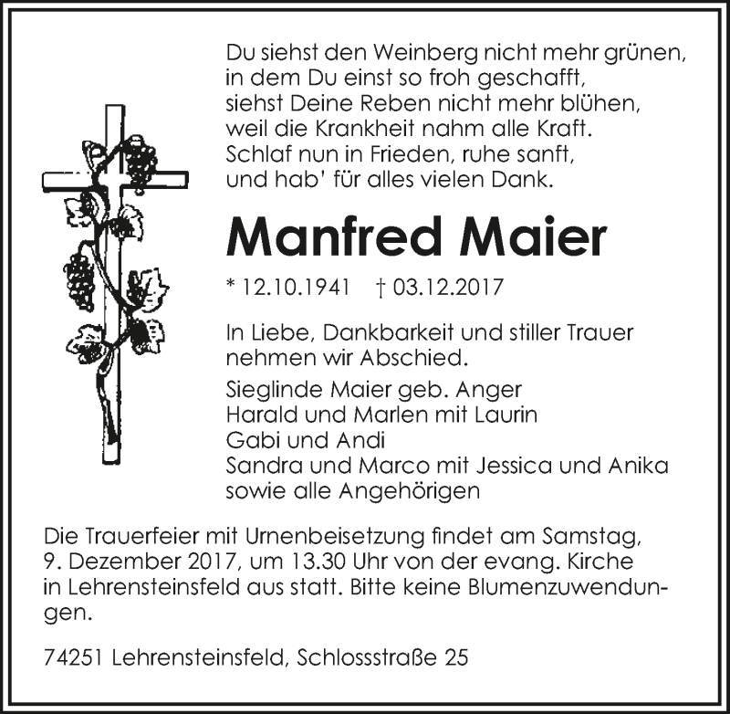  Traueranzeige für Manfred Maier vom 05.12.2017 aus 