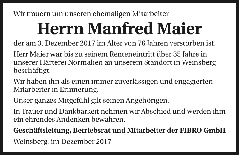  Traueranzeige für Manfred Maier vom 07.12.2017 aus 