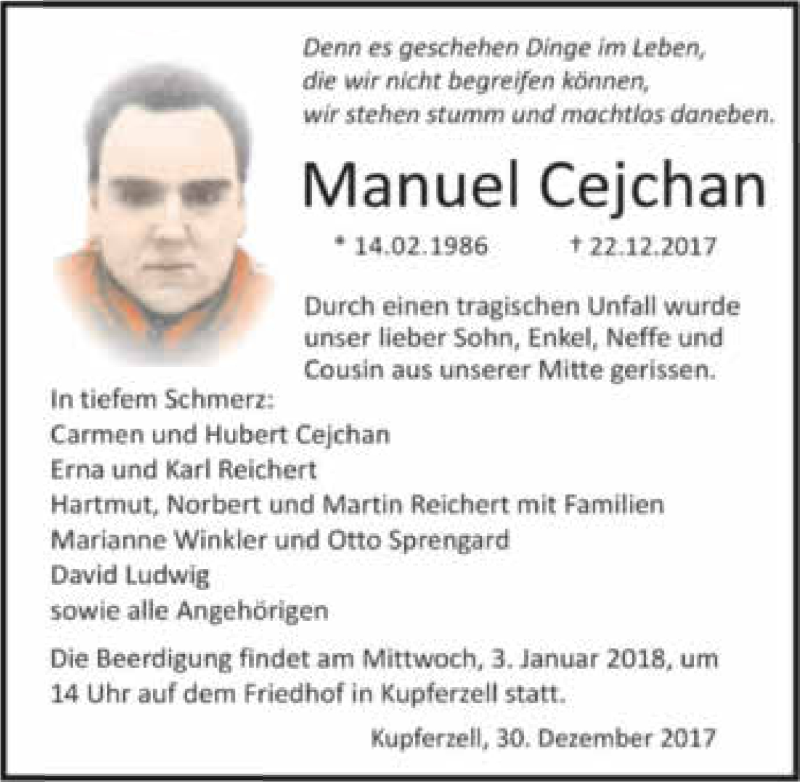  Traueranzeige für Manuel Cejchan vom 30.12.2017 aus 