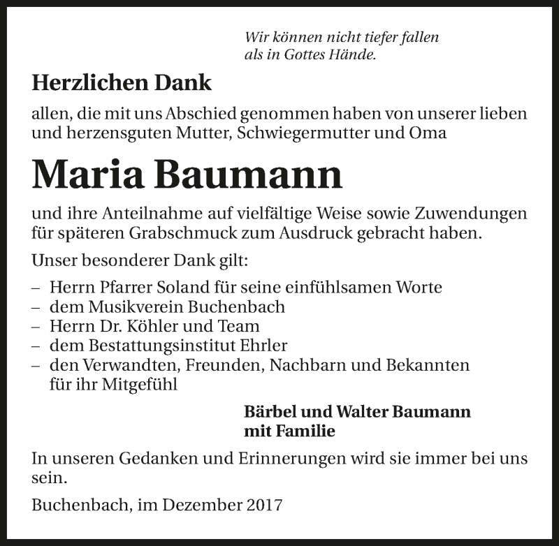  Traueranzeige für Maria Baumann vom 23.12.2017 aus 