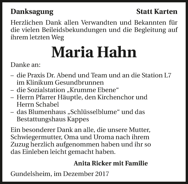  Traueranzeige für Maria Hahn vom 09.12.2017 aus 