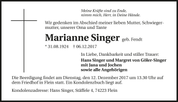Traueranzeige von Marianne Singer 