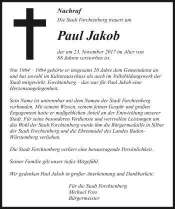 Traueranzeige von Paul Jakob 