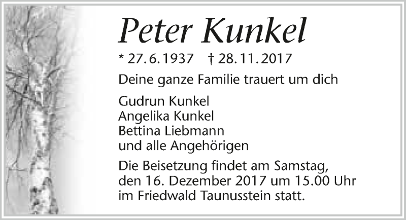Traueranzeigen von Peter Kunkel www.trauerundgedenken.de