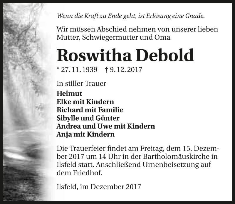  Traueranzeige für Roswitha Debold vom 13.12.2017 aus 