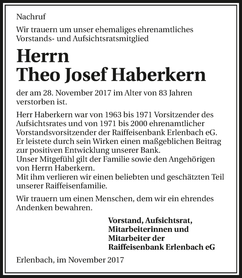  Traueranzeige für Theo Josef Haberkern vom 02.12.2017 aus 