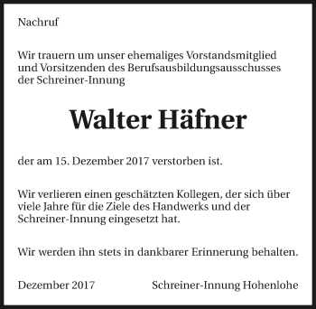 Traueranzeige von Walter Häfner 