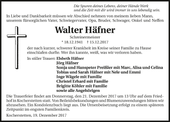 Traueranzeige von Walter Häfner 