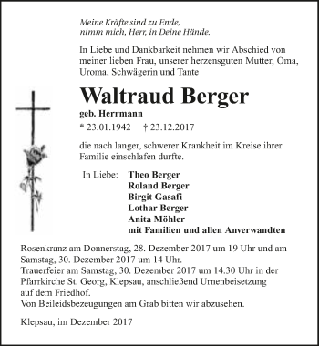 Traueranzeige von Waltraud Berger 