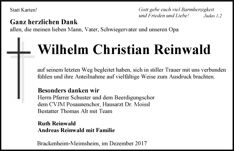  Traueranzeige für Wilhelm Christian Reinwald vom 09.12.2017 aus 