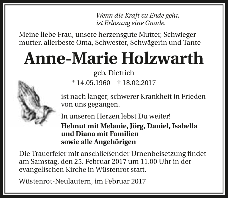  Traueranzeige für Anne-Marie Holzwarth vom 22.02.2017 aus 