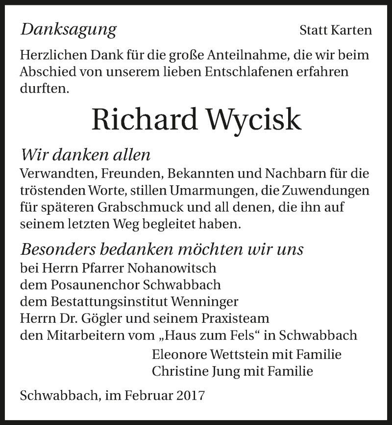  Traueranzeige für Richard Wycisk vom 25.02.2017 aus 