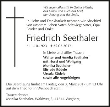 Traueranzeige von Friedrich Seethaler 